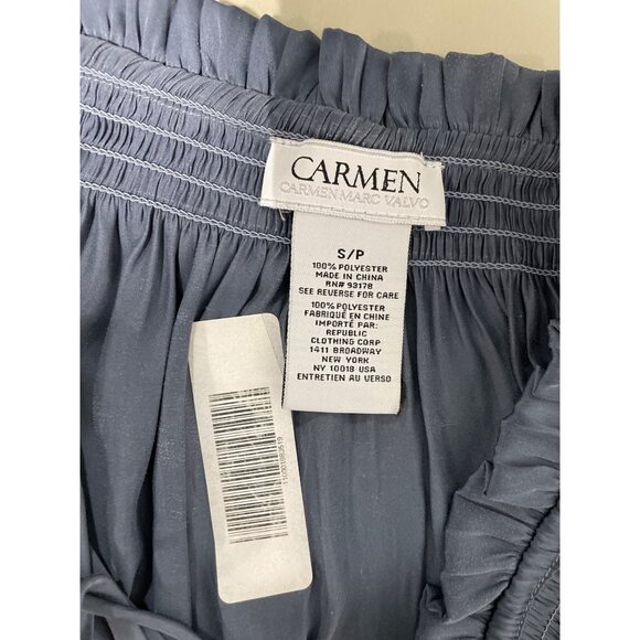 Carmen Marc Valvo Satin Blouse Size Small Smocked Tie Neck Blue Stone Office NEW - Picture 4 of 8